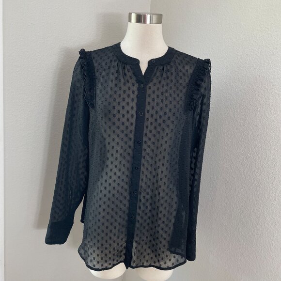 Express Womens Large Black Swiss Dot Sheer Blouse Long Sleeve Button Up Shirt - Picture 1 of 9